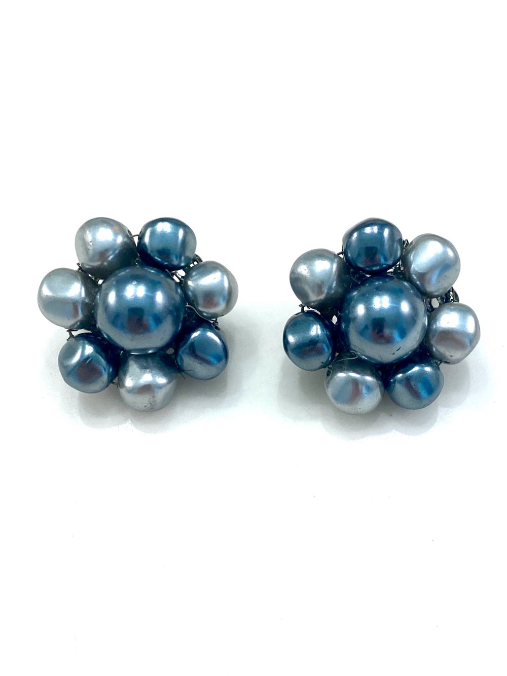 Vintage Signed Japan Blue Multi Tone Faux Pearl Cluster Clip On Earrings